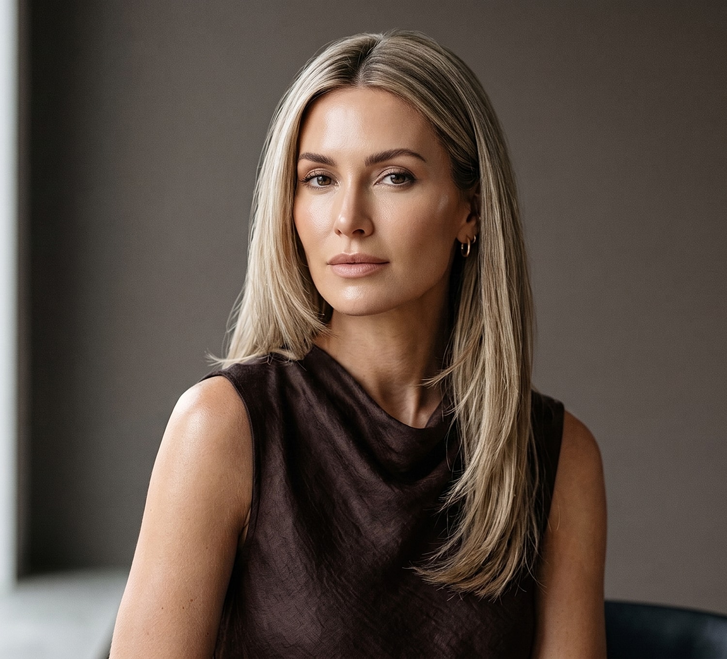 Woman with long blonde hair, serious expression.