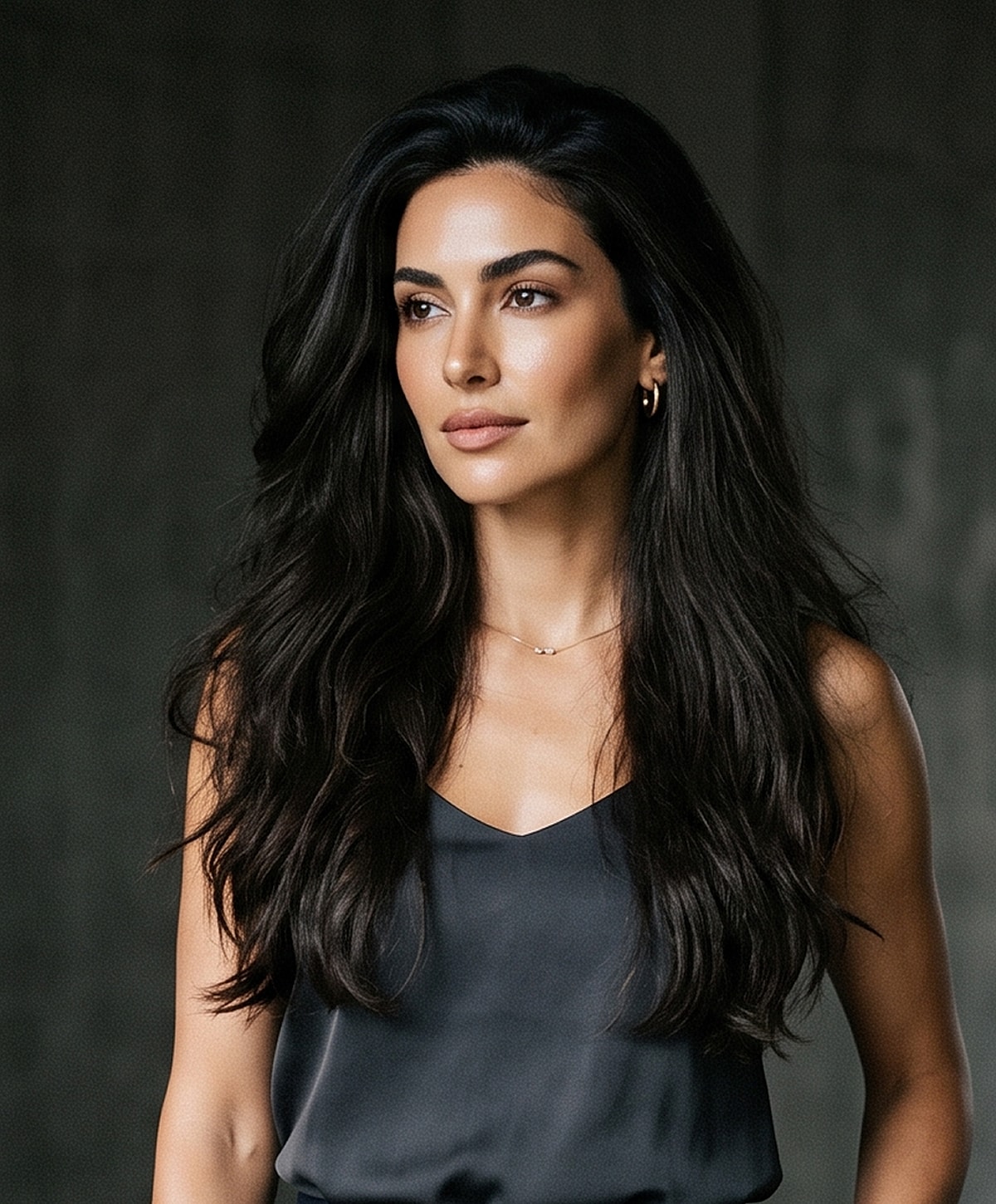 Woman with long dark hair in elegant attire.
