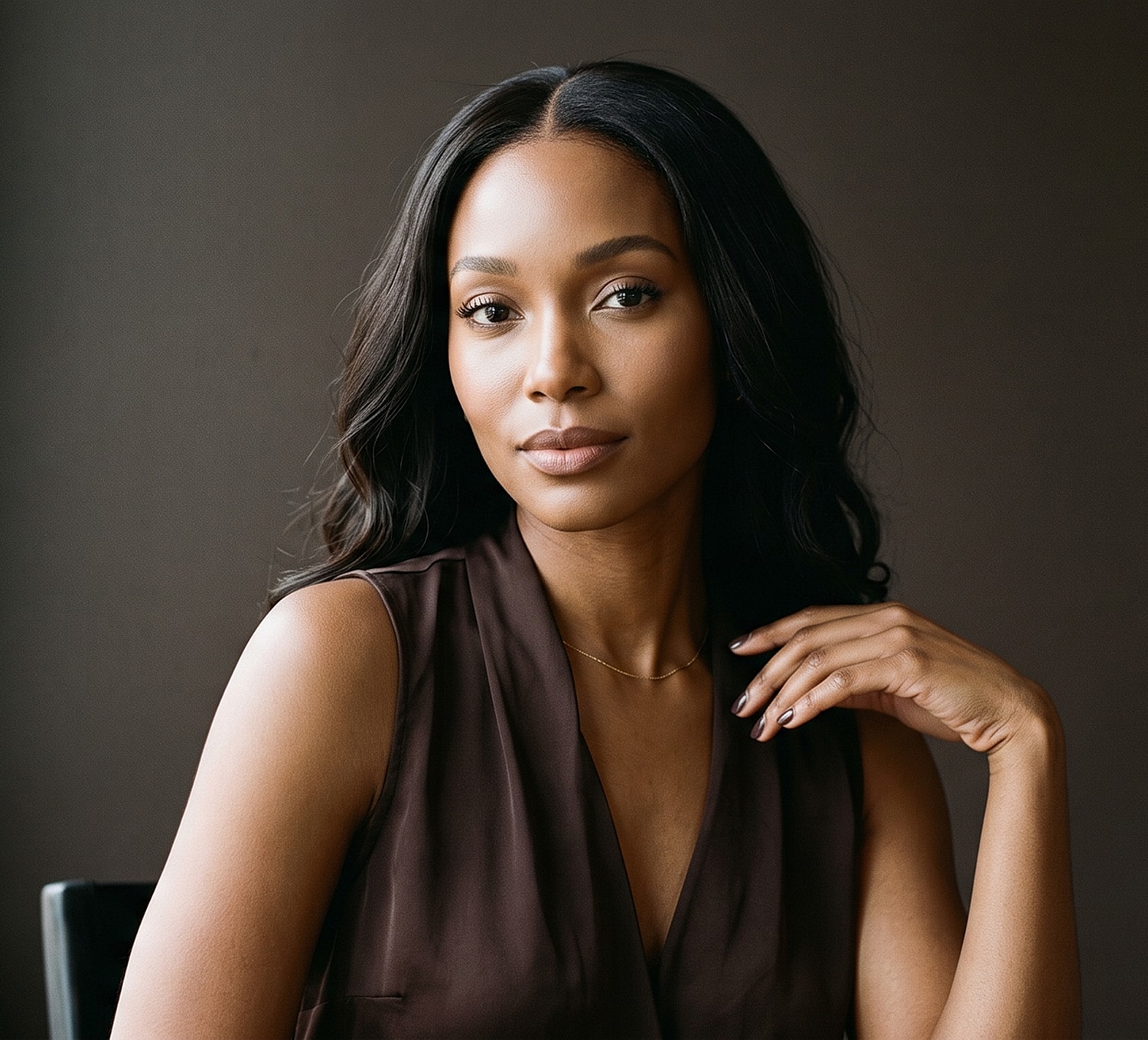 Woman with long hair in a brown top.
