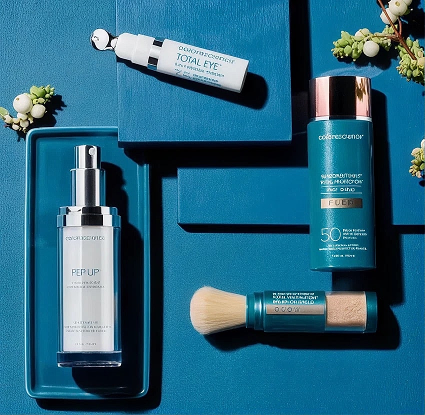Skin care products on a blue background.