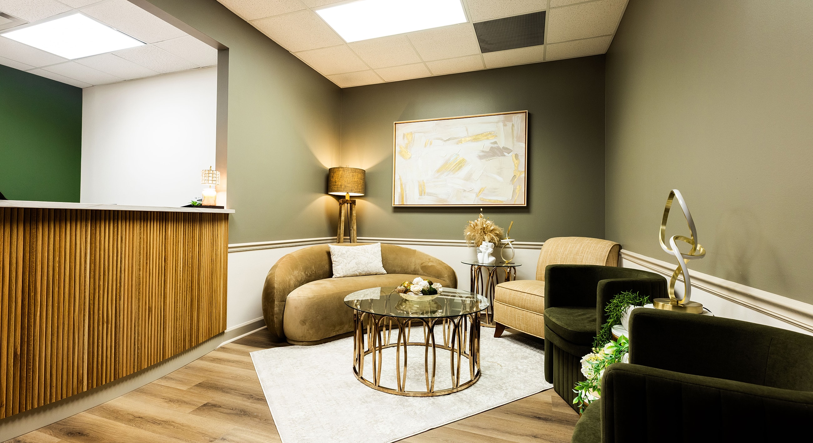 Modern, stylish waiting area with comfortable seating.