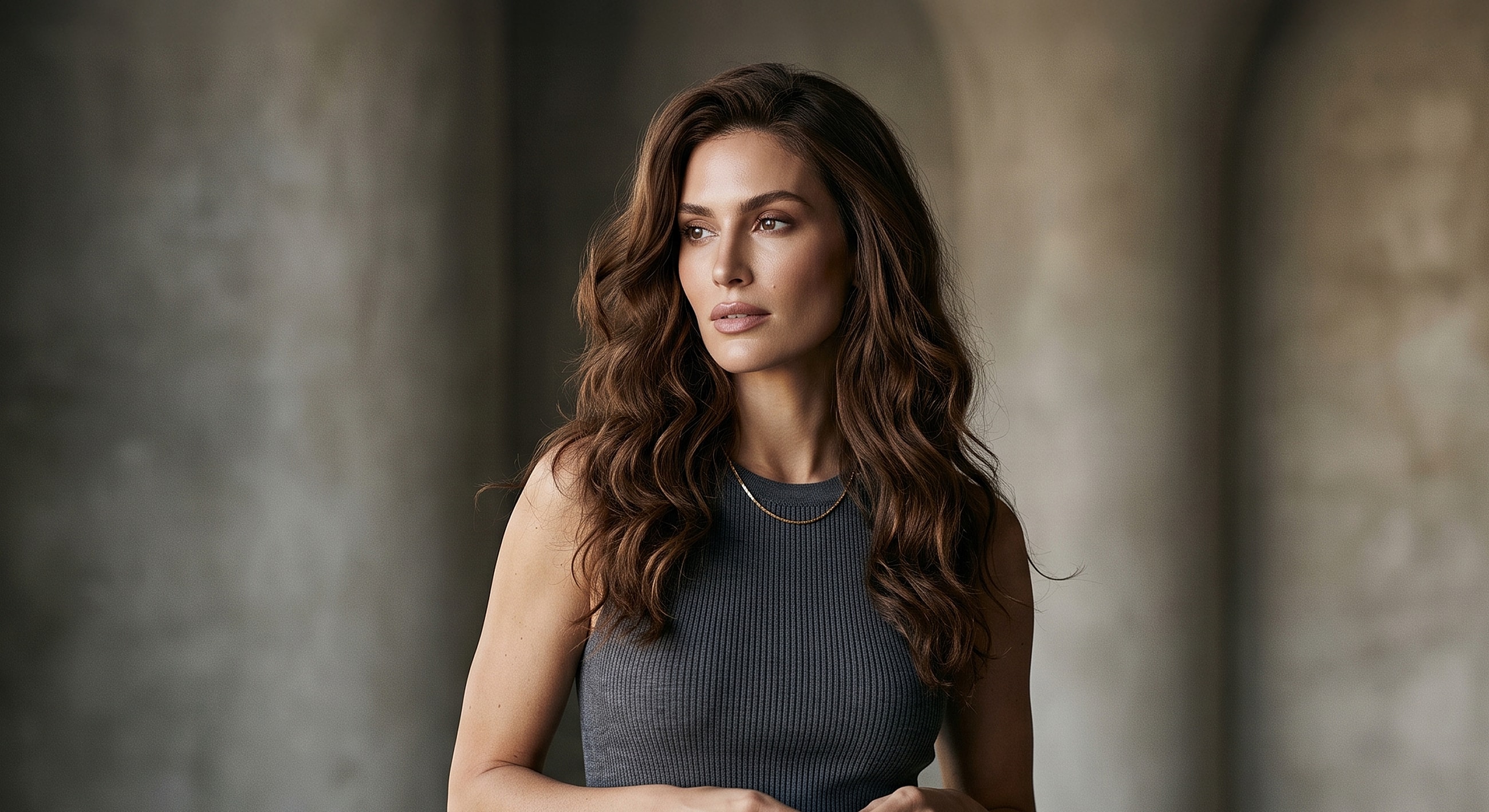 Woman with wavy hair in a gray top.