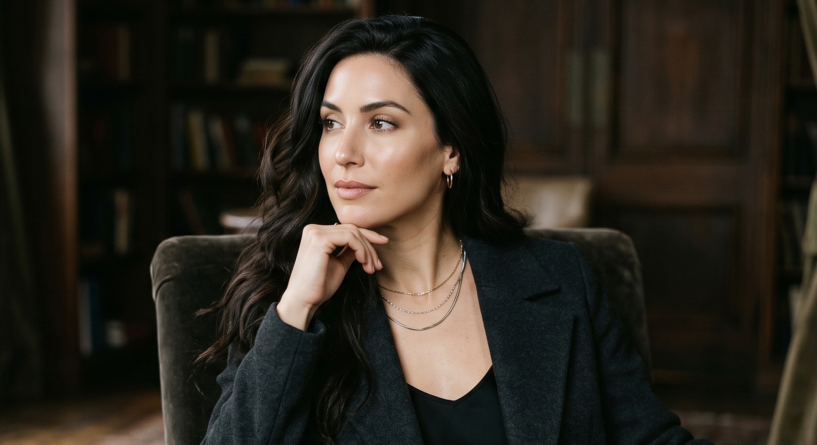 Woman in a dark outfit, thoughtfully posing indoors.