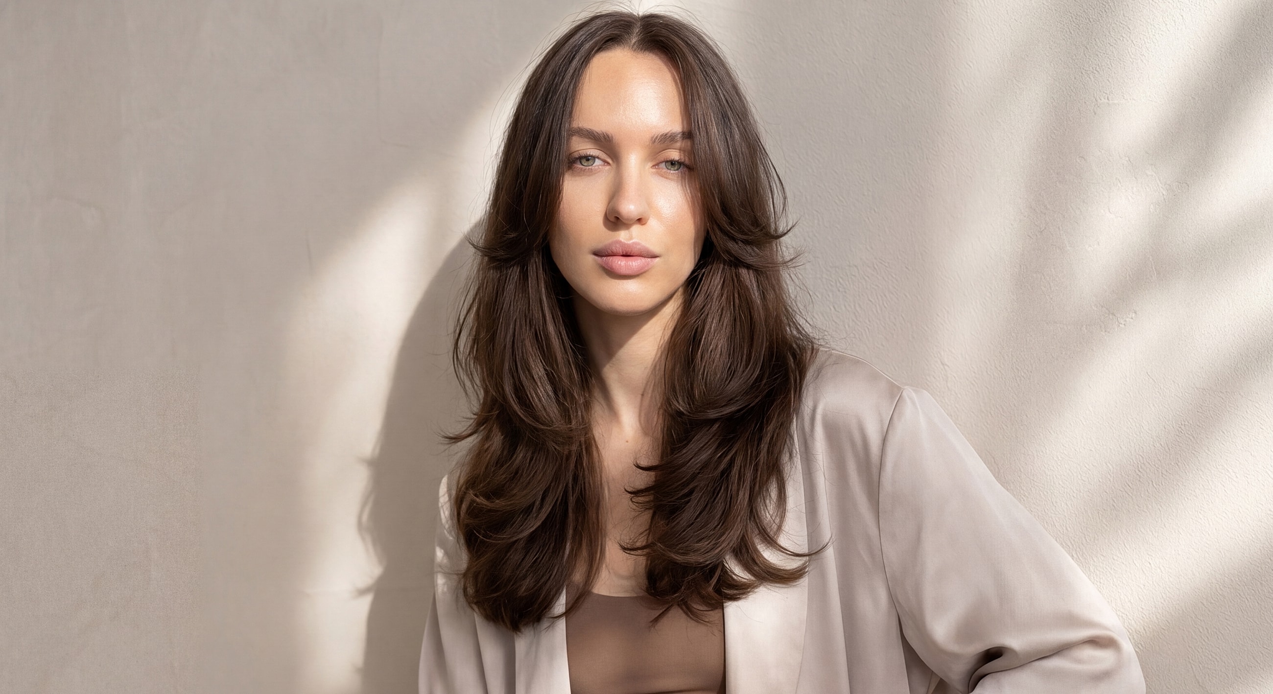 Model with long hair in soft lighting.