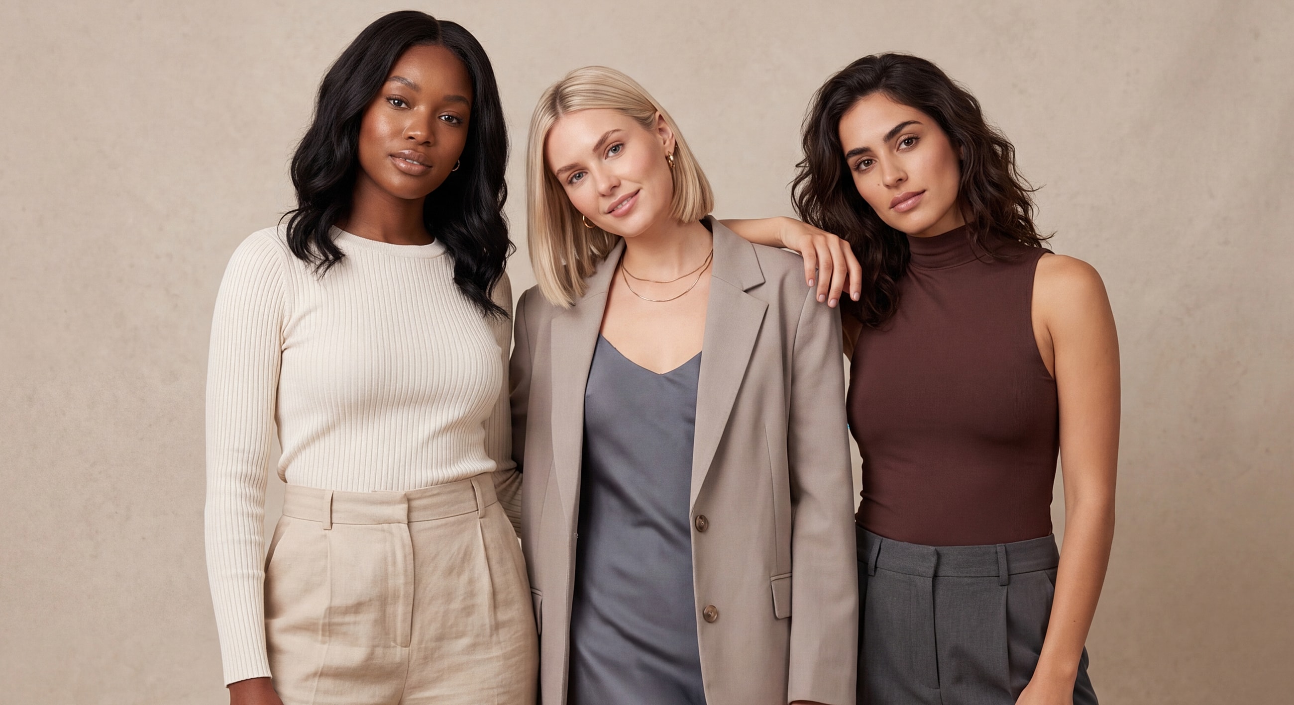 Three women posing in stylish outfits.